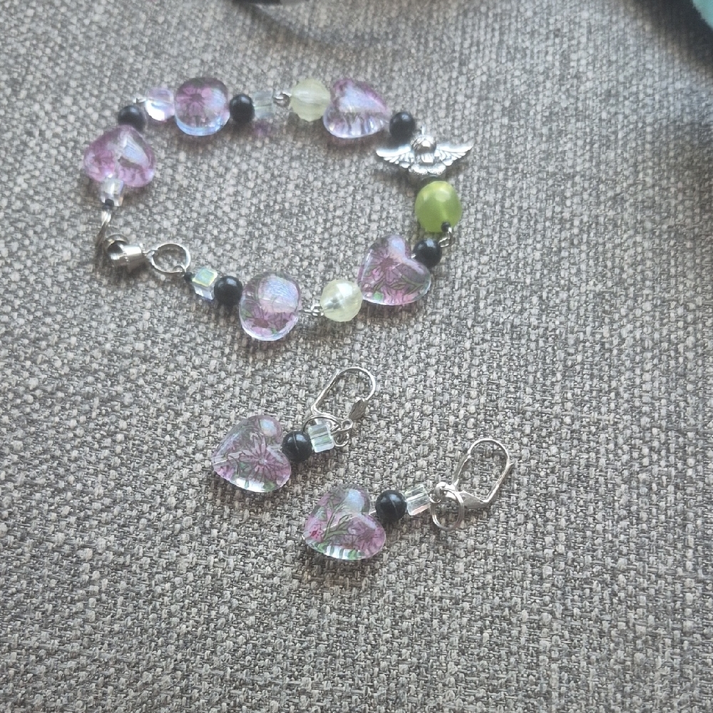Vintage Pink and Green Heart Charm Bracelet Set